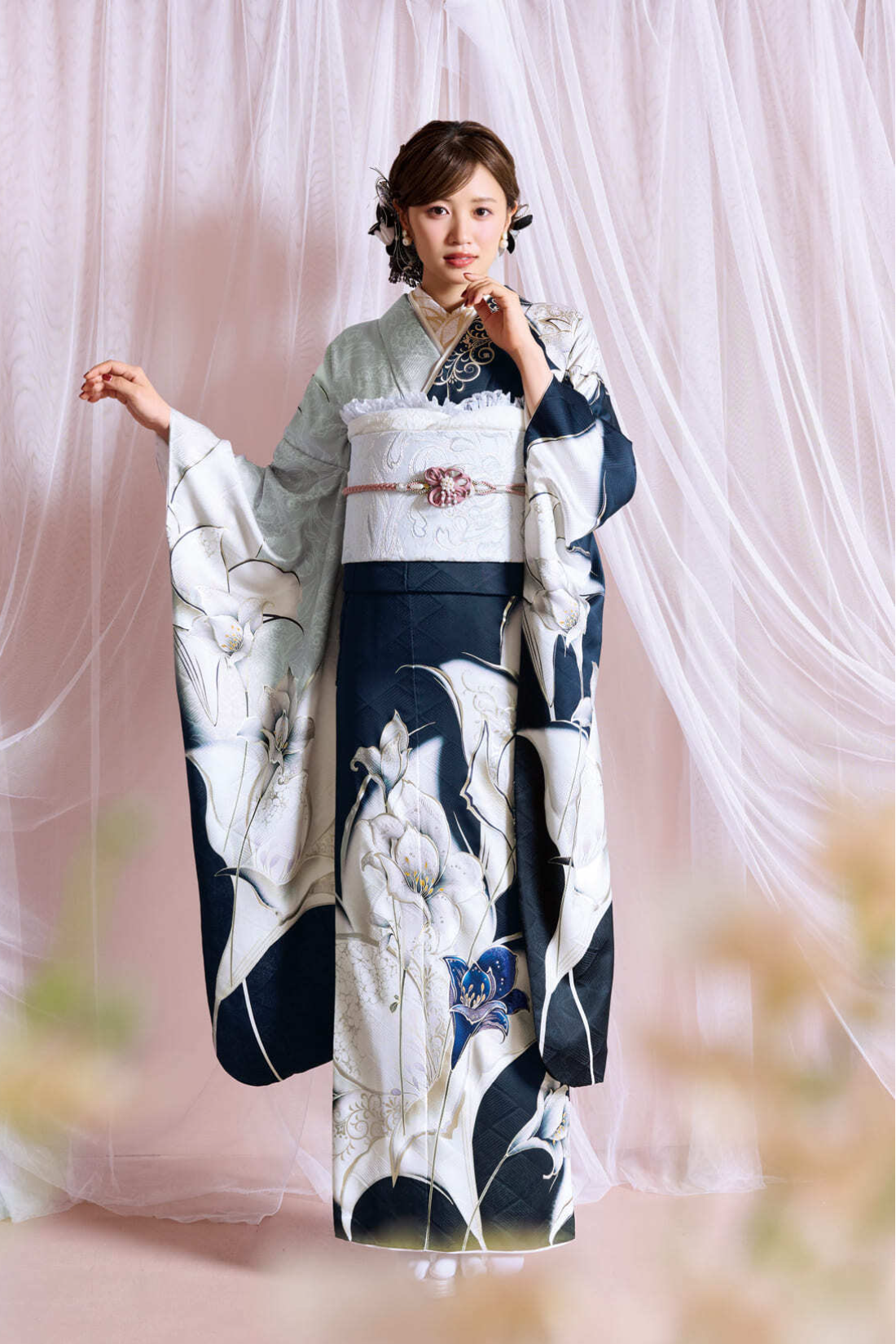 グレー×紺振袖f27-1