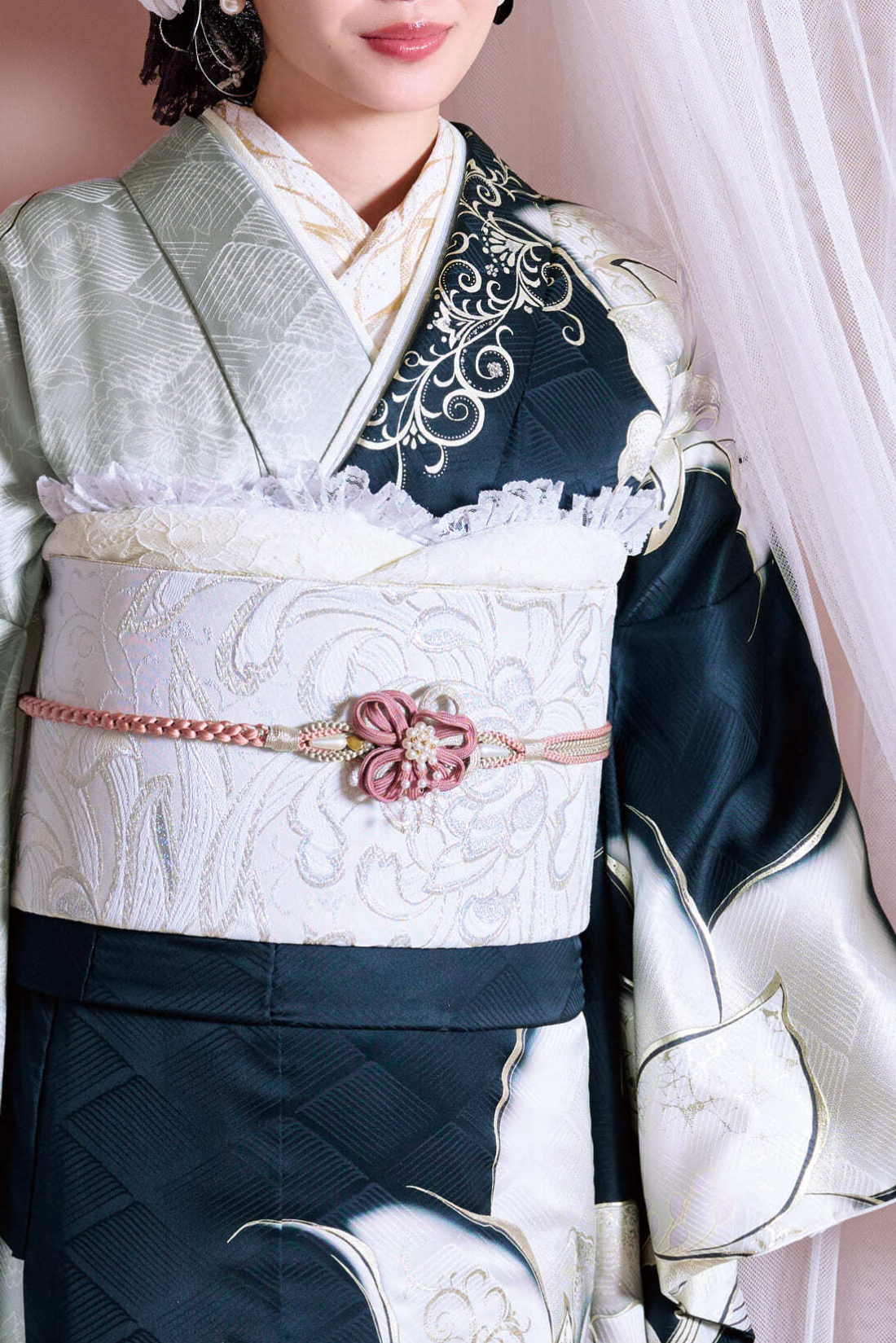 グレー×紺振袖f27-2